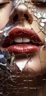 Glamorous face behind shattered glass in artistic wallpaper design.