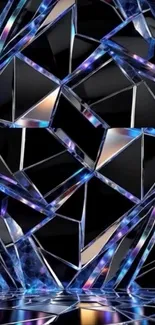 Abstract shattered glass reflections in black and multicolor design.