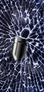 Bullet surrounded by shattered glass on a dark blue background.