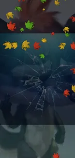 Colorful leaves with shattered glass effect background.