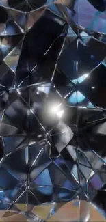 Abstract shattered glass with reflective surfaces in dark blues and silver tones.