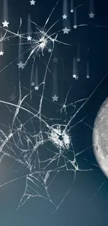 Shattered glass effect with moon and stars in night sky wallpaper.