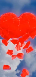 Shattered red heart with sky backdrop, artistic mobile wallpaper.