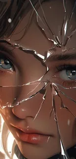 Anime art of girl through cracked glass, enhancing intrigue.