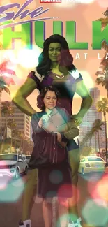 She-Hulk Attorney at Law mobile wallpaper with green theme and city background.