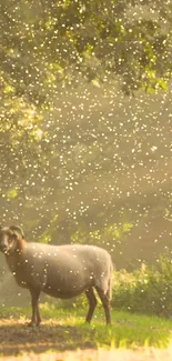 Two sheep grazing in sunlit meadow, surrounded by golden light.