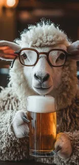 Humorous sheep wearing glasses holding beer.