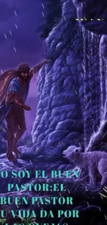 Shepherd guiding sheep by a waterfall in artistic wallpaper.