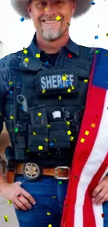 Sheriff in tactical gear with American flag and confetti.