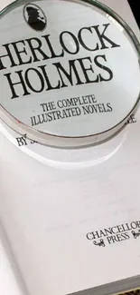 Sherlock Holmes book art with magnifying glass highlighting the title.