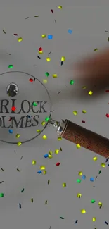 Sherlock Holmes confetti and magnifying glass wallpaper.