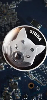 Shiba coin on intricate circuit board background, mobile wallpaper.