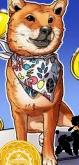 Shiba Inu with crypto coins on digital wallpaper.