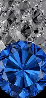 Vibrant blue diamond among sparkling crystals.