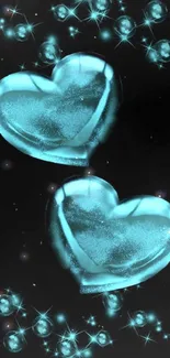 Shimmering blue hearts on black background.