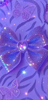 Glittery bow and butterflies on purple background