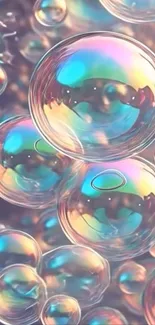 Colorful bubbles with iridescent shimmer on a phone wallpaper.
