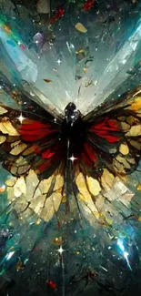 Ethereal butterfly art with shimmering colors on a dark background.