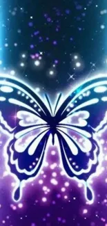 Vibrant glowing butterfly in mystical night scene.