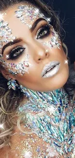 Mobile wallpaper featuring glittering crystals and metallic makeup glamour.