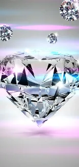 Shimmering diamond with sparkling gems on gray background.