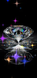 Sparkling diamond on dark background casting rainbow reflections.
