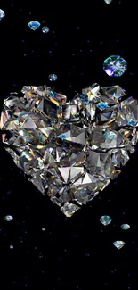 Heart-shaped diamond with shimmering sparkle on a dark background.