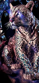 Shimmering leopard under dim tree with glowing accents.