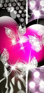 Shimmering pink heart with butterflies wallpaper.