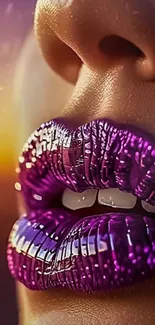 Shimmering purple lips mobile wallpaper with sunset background.