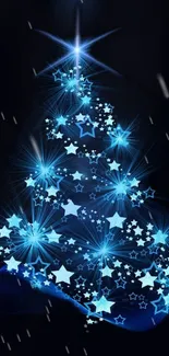 Shimmering Christmas tree with blue stars on dark background.