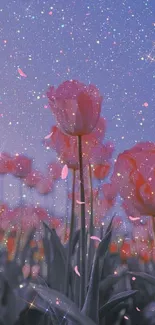 Shimmering tulips against a starry sky background.