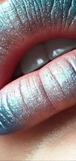 Close-up of metallic shimmering lips with vibrant hues.