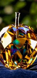 A shiny crystal apple on a dark blue cushion with a blurred green background.