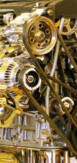 Detailed metallic engine surrounded by vintage cars in a gold-hued setting.