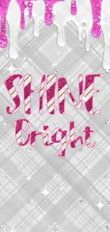 Shiny pink text wallpaper with plaid background and glitter accents.