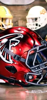 Red football helmet with logo, perfect for sports wallpaper.