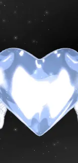 Shiny silver heart with butterfly wings on a cosmic background.