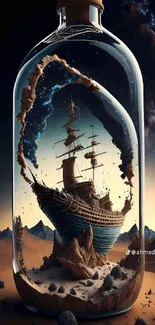 Digital artwork of a ship in a bottle set against a starry desert landscape.