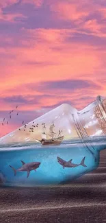 Mobile wallpaper with ship in bottle and sharks under a pink sunset.