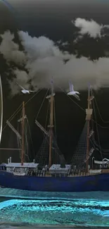 Ship in a bottle with clouds and seagulls in a dramatic sky.