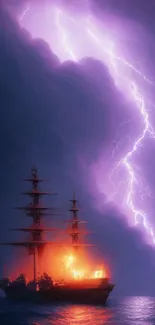 Ship sailing through a stormy ocean with dramatic purple lightning in the background.