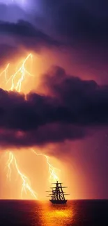 Ship sailing under a lightning-filled stormy sky on the ocean.