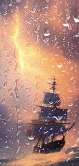 Silhouette of a ship in a rainy sunset scene with orange and purple hues.