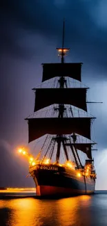 Majestic ship against a stormy sky with lightning in the background.