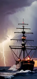 Ship sailing through a stormy sea with lightning in the background.