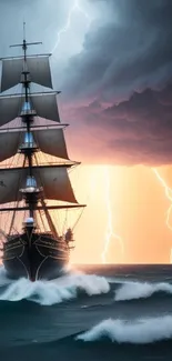 Majestic ship sailing through a storm with lightning and waves.