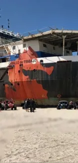 Ship docked on a sandy beach under blue sky.