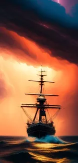 Ship sailing through a dramatic orange storm with lightning.