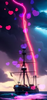 Ship sailing through a storm with vibrant neon lightning.